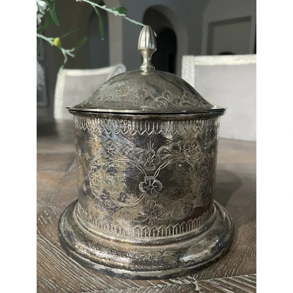 Vtg International Silver Co Silver Plated Covered Biscuit Barrel Tea Caddy